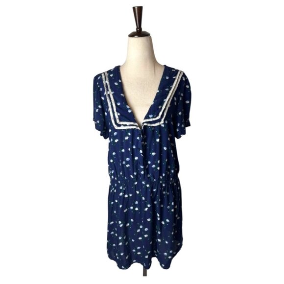 Free People Dress Medium Blue White‎ Floral Collared Mini Retro Boho Cottagecore - Picture 1 of 10
